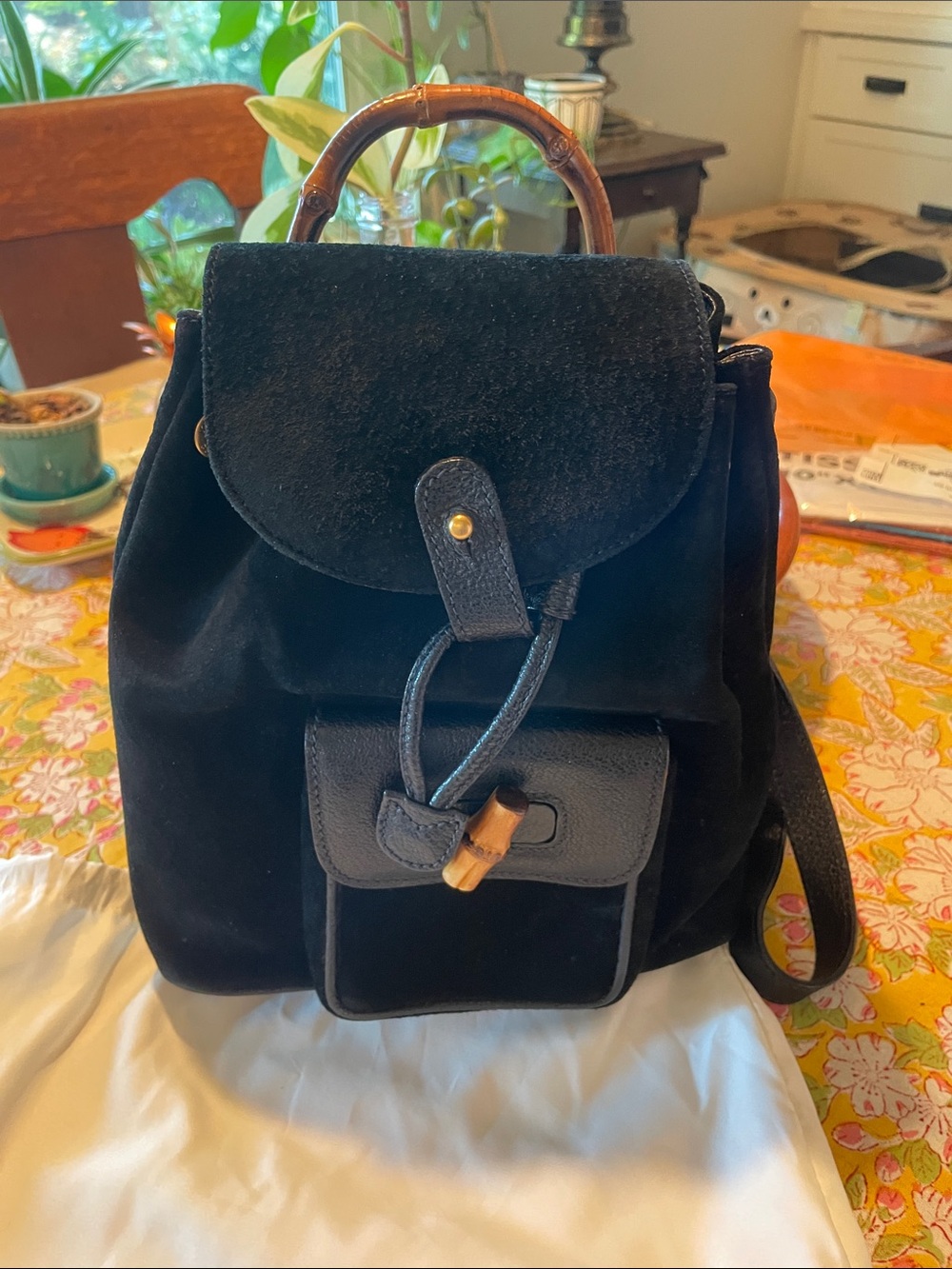 Gucci Black Suede Backpack with Bamboo Top Handle